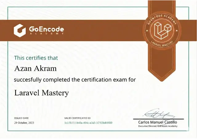 Laravel Mastery certificate from GoEncode Academy, awarded to Azan Akram