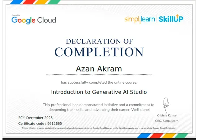 Introduction to Generative AI Studio certificate from Google Cloud via Simplilearn, awarded to Azan Akram