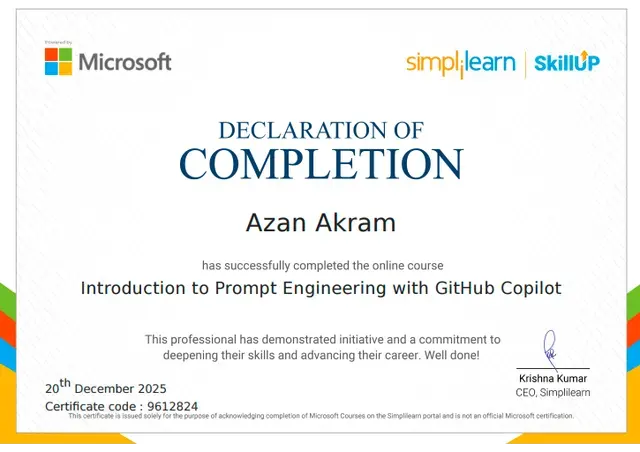 Prompt Engineering with GitHub Copilot certificate from Microsoft via Simplilearn, awarded to Azan Akram