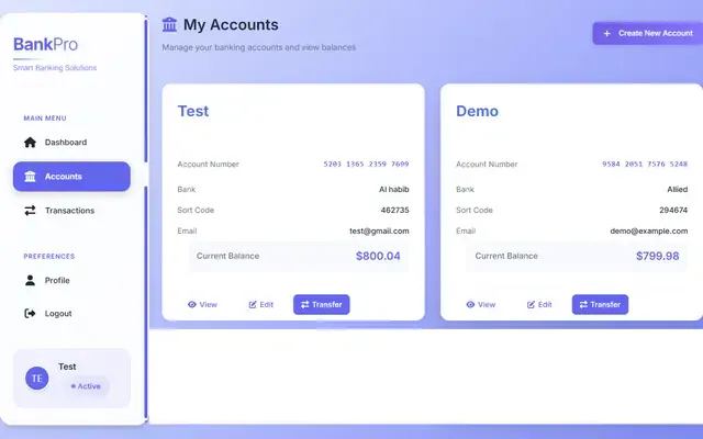 BankPro screenshot, digital banking platform with mfa and ai-assisted fraud detection