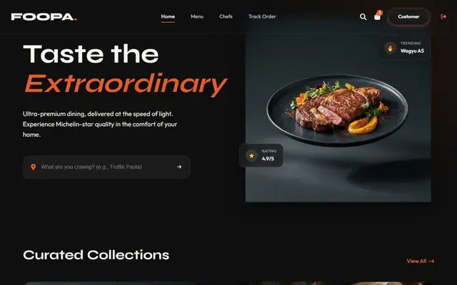 FOOPA screenshot, food delivery platform with customer and partner dashboards and a fast checkout